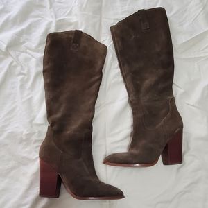 Green suede knee high heeled boots